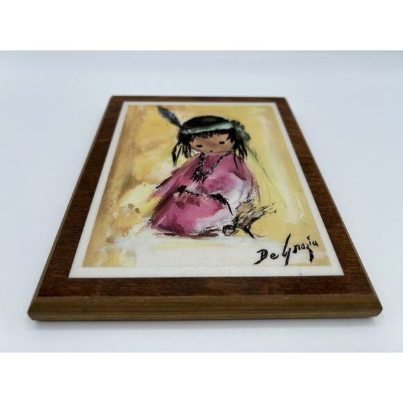 Ted DeGrazia Art Print on Wood Plaque Kneeling Girl Laminated “Love Me” 5.5”x7” - Picture 3 of 7